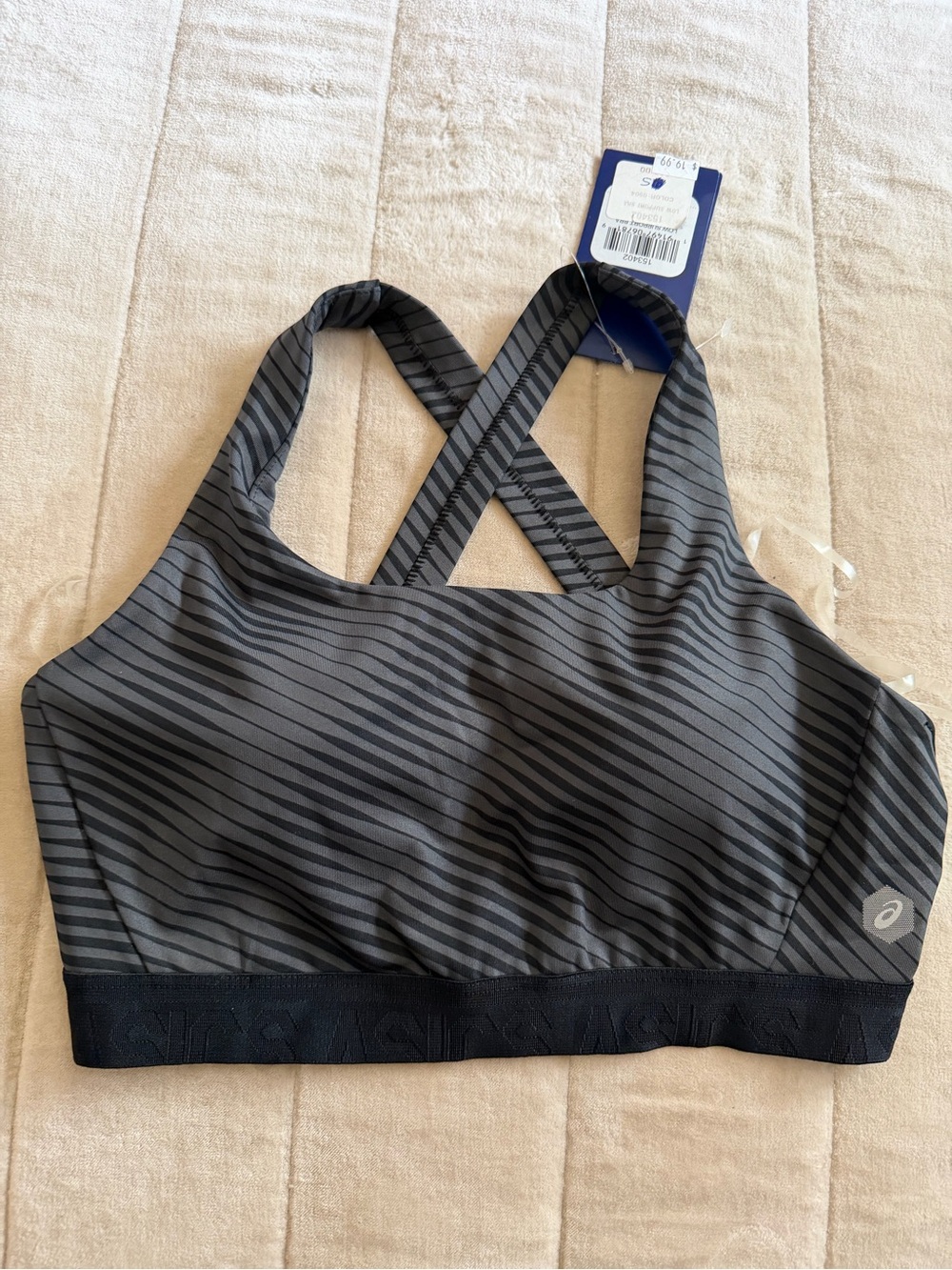 Asics Gray and Black Striped Crisscross Back Sports Bra